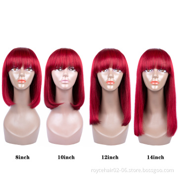 10a 12 Inch 150% Density 99J Burgundy Red Color Short Straight Blunt 100 Percent Indian Human Hair Bob Wig